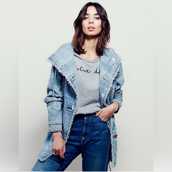Free People Light Blue Hooded Jean Jacket with White Accents - Picture 16 of 16